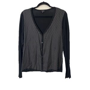 Talbots Button Up Sweater Cardigan Sz M Silk Cotton Black Lightweight Polka